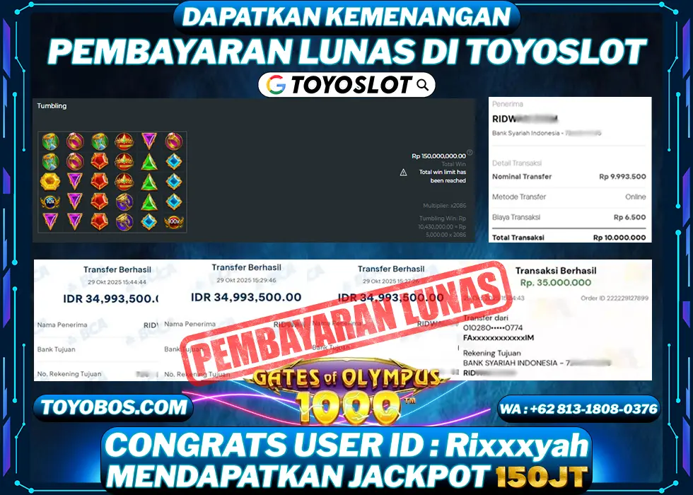 TOYOSLOT - BUKTI KEMENANGAN Gates Of Olympus 1000x Rp150,000,000,- LUNAS